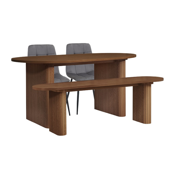 Oval Fluted Dining Table With 2 Chairs And Bench Walnut – Fluted, Japandi Rounded Design – Axel