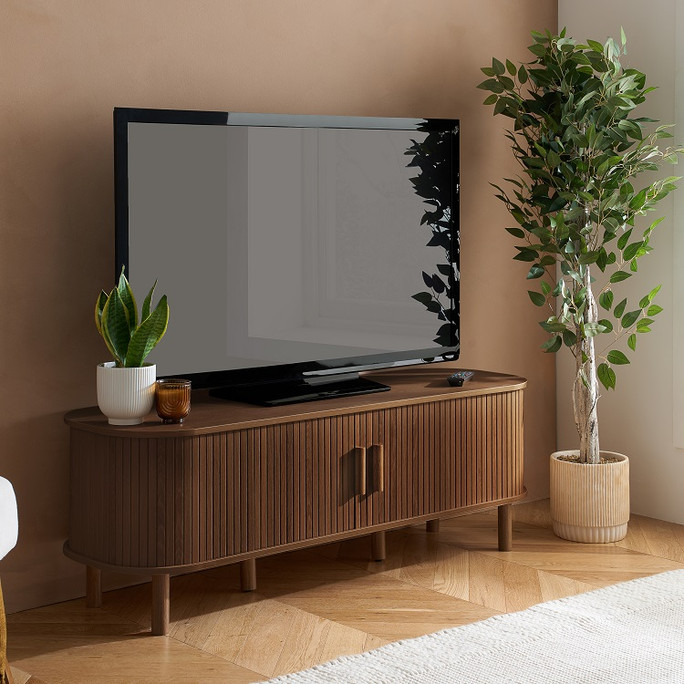 Fluted TV Unit Walnut – Fluted, Japandi Rounded Design – Axel