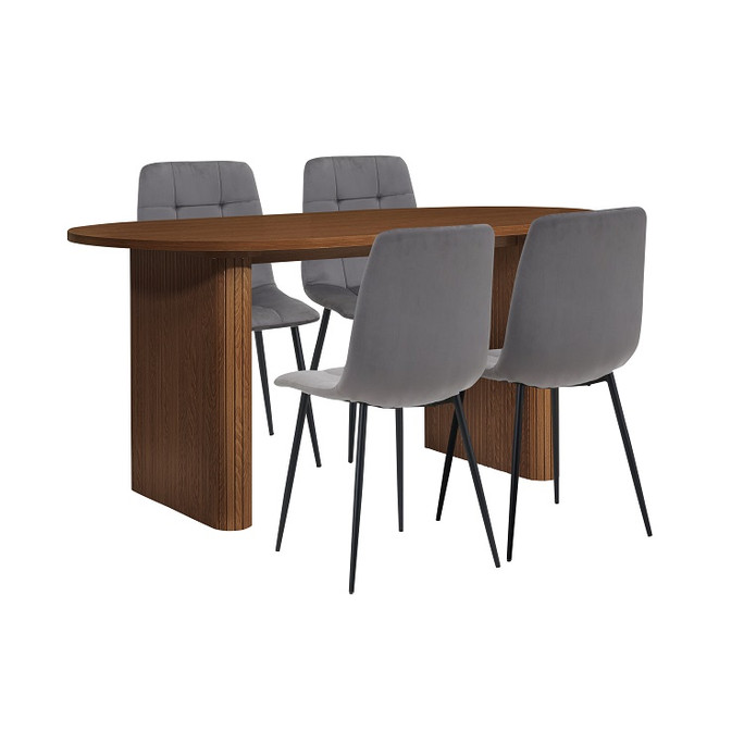 Round Fluted Dining Table with 4 Chairs Walnut – Fluted, Japandi Rounded Design – Axel Round Fluted Dining Table with 4 Chairs Walnut – Fluted, Japandi Rounded Design – Axel