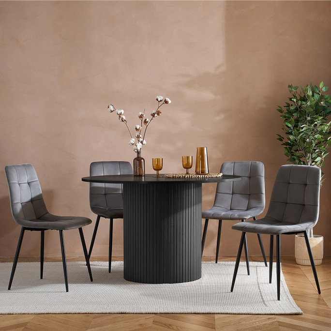 Round Fluted Dining Table with 4 Chairs Black, Oak – Fluted Oak, Japandi Rounded Design – Axel