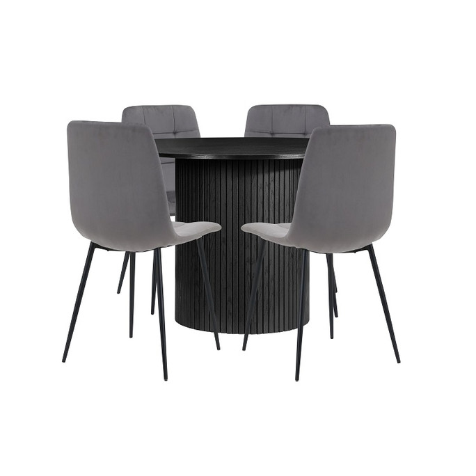Round Fluted Dining Table with 4 Chairs Black, Oak – Fluted Oak, Japandi Rounded Design – Axel Round Fluted Dining Table with 4 Chairs Black, Oak – Fluted Oak, Japandi Rounded Design – Axel