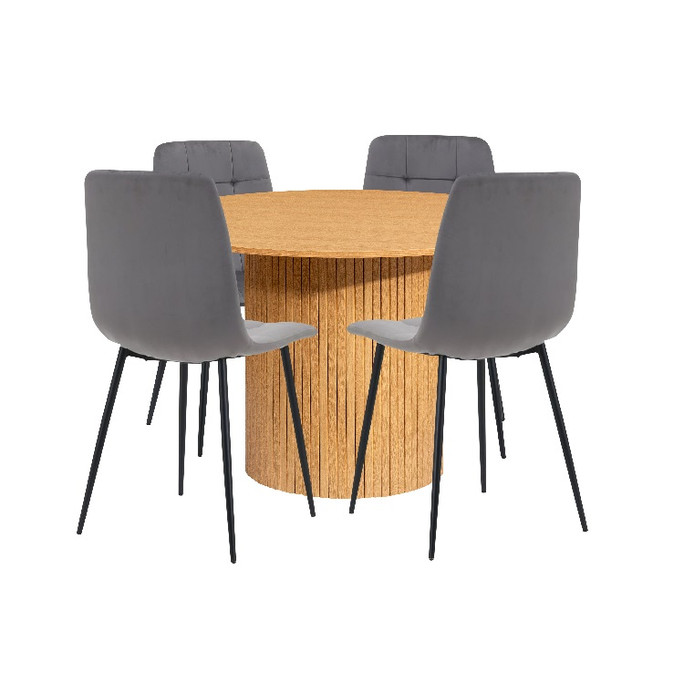 Round Fluted Dining Table with 4 Chairs Oak – Fluted Oak, Japandi Rounded Design – Axel Round Fluted Dining Table with 4 Chairs Oak – Fluted Oak, Japandi Rounded Design – Axel