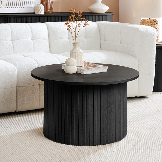 Round Fluted Coffee Table Black, Oak – Fluted Oak, Japandi Rounded Design – Axel