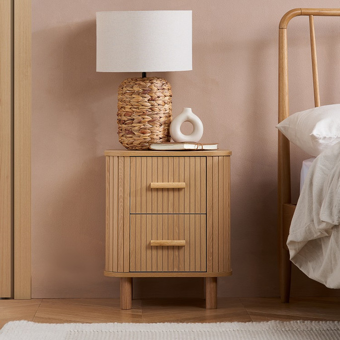 2 Drawer Fluted Bedside Oak, Natural – Fluted Oak, Japandi Rounded Design – Axel