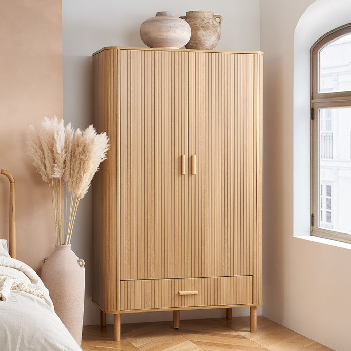 2 Door 1 Drawer Fluted Wardrobe Oak, Natural – Fluted Oak, Japandi Rounded Design – Axel