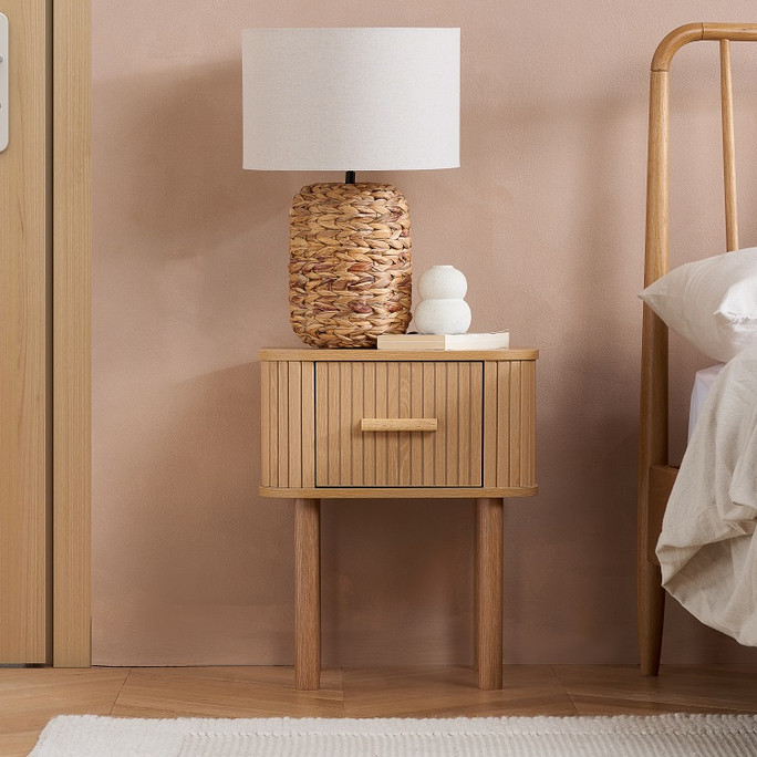 1 Drawer Fluted Bedside Oak, Natural – Fluted Oak, Japandi Rounded Design – Axel