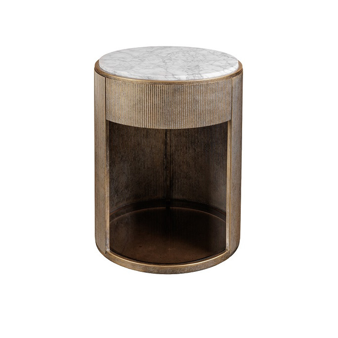 Libra Belvedere Aged Gold Bedside Table with Drawer – Marble Top Ø45.5cm