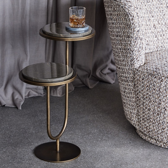 Libra Marco Accent Table – Royal Gold Italian Marble, Burnished Gold Frame H59cm