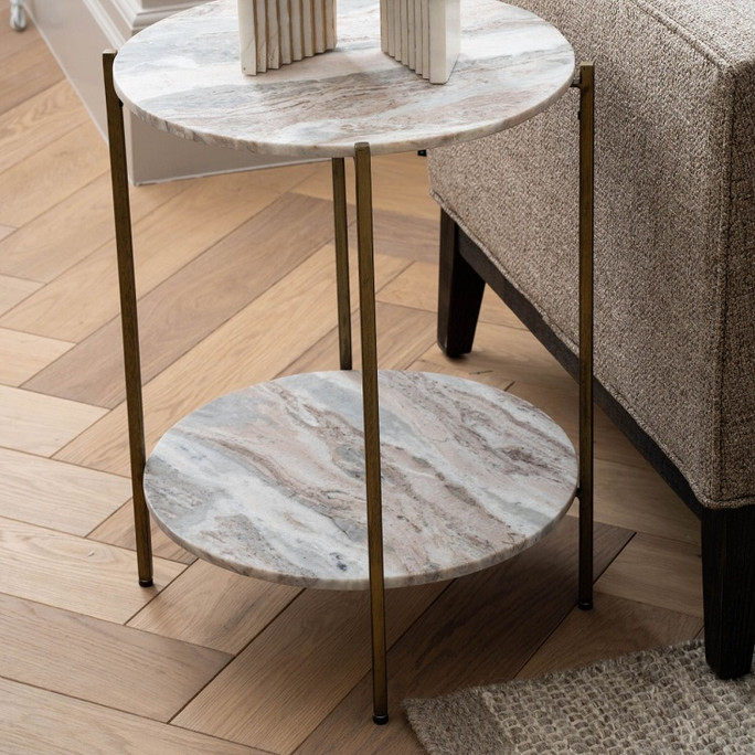 Libra Toronto Marble Top & Base Side Table – Grey Marble Antique Brass 43×43×53cm