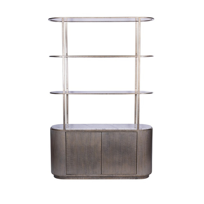 Libra Belvedere Aged Gold Shelving Unit with Storage – Tinted Glass & White Marble
