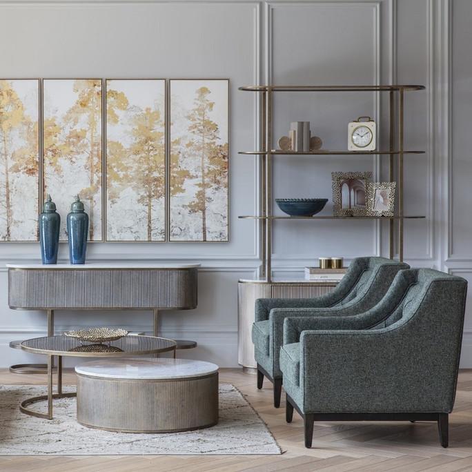 Libra Belvedere Aged Gold Shelving Unit with Storage – Tinted Glass & White Marble Libra Belvedere Aged Gold Shelving Unit with Storage – Tinted Glass & White Marble