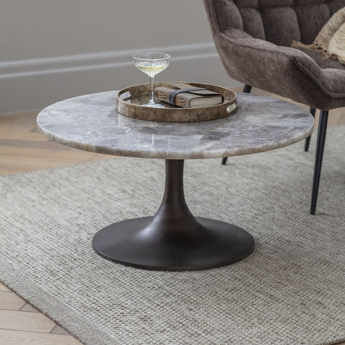 Libra Bosworth Smokey Quartz Coffee Table 80cm – Round Top, Antique Brass Base