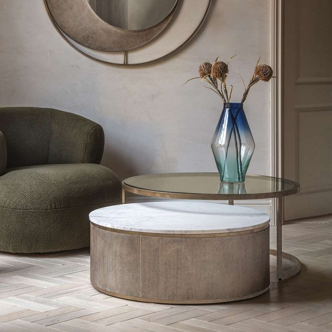 Belvedere Aged Gold Set of 2 Nesting Coffee Tables with Marble & Tinted Glass