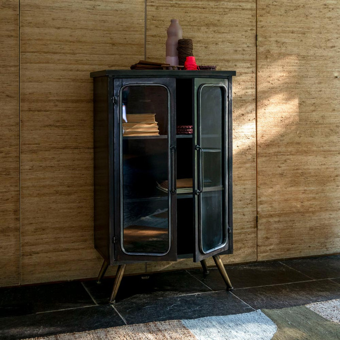 Black Metal Industrial Vintage Glass Door Cabinet - Denza