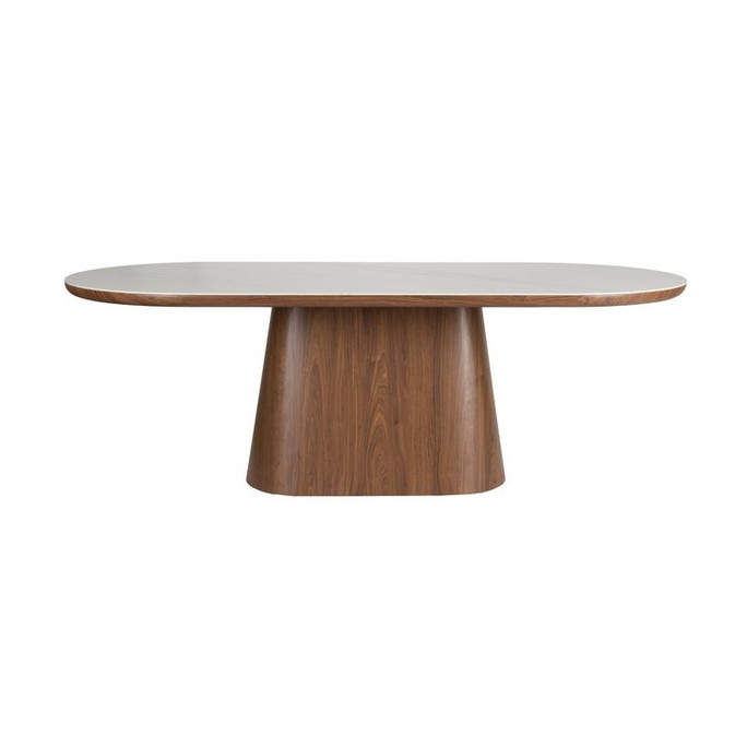 Oval Dining Table – White Marble-Effect Top with Walnut Base, 180 cm - Lucerne