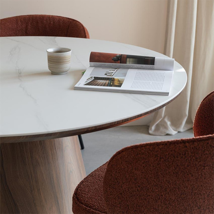 Oval Dining Table – White Marble-Effect Top with Walnut Base, 180 cm - Lucerne