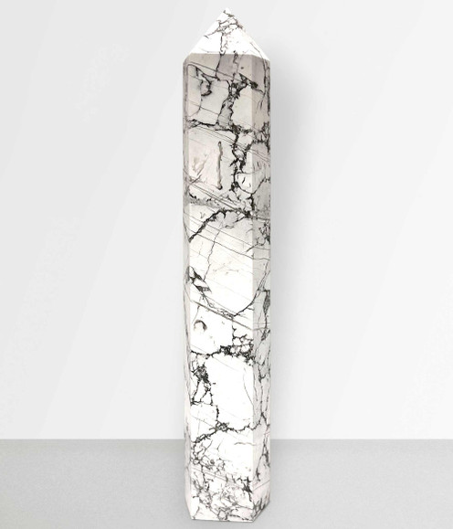 Howlite Point - unique piece #3, from the front, against a light grey background. Howlite Point - unique piece #3, from the front, against a light grey background.