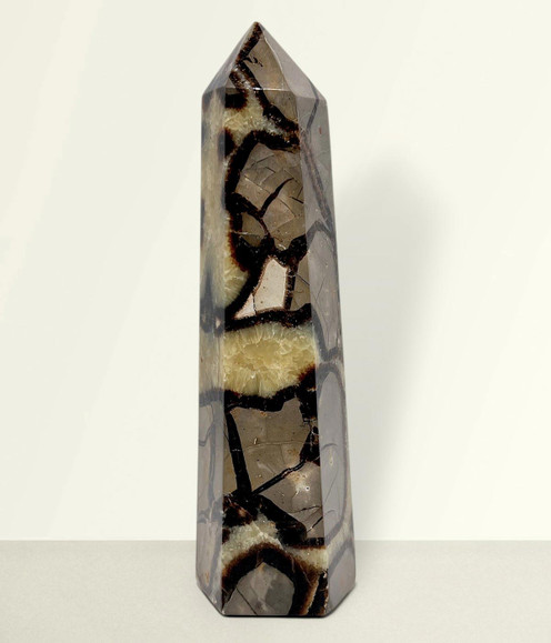 Septarian Point - unique piece #5, front-facing, against a light cream coloured background.