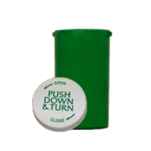 Green Pill Bottles & Pharmacy Vials Push Down & Turn Style Lid