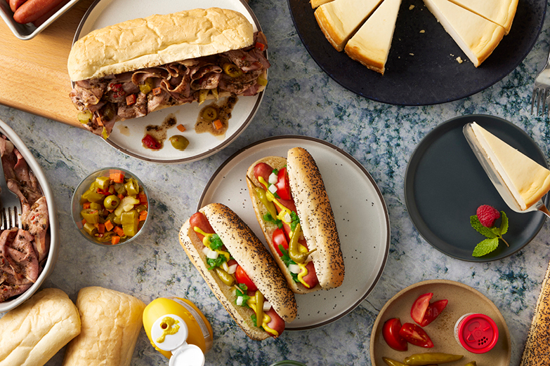 italian beef, hotdog, and cheesecake