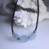 aqua recycled glass 
recycled glass necklace
blue glass choker
leather choker with frosted bead

