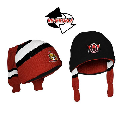 Ottawa Senators NHL Reversible Socky, pair of reversible knit beanies with hockey team logos and stripes in red, black, and white colors.