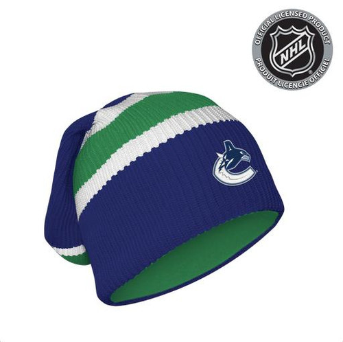 Vancouver Canucks NHL Floppy Hat, knit beanie with green, white, and blue stripes and team logo