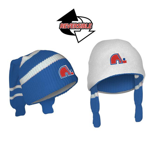Quebec Nordiques NHL Reversible Sockey, two winter hats showing different team designs, one with blue and white stripes and the other plain white with team logo, featuring a reversible tag symbol.