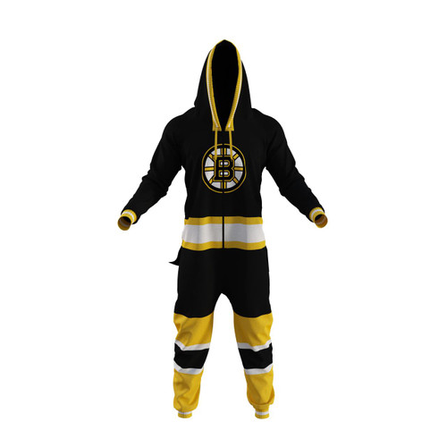 Boston Bruins NHL Onesie, black and yellow hockey-themed adult jumpsuit with team logo and matching hood, pants, and cuffs.