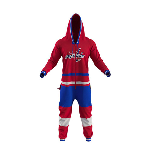 Washington Capitals NHL Onesie, red and blue sports onesie for adults with team logo and stripes design.