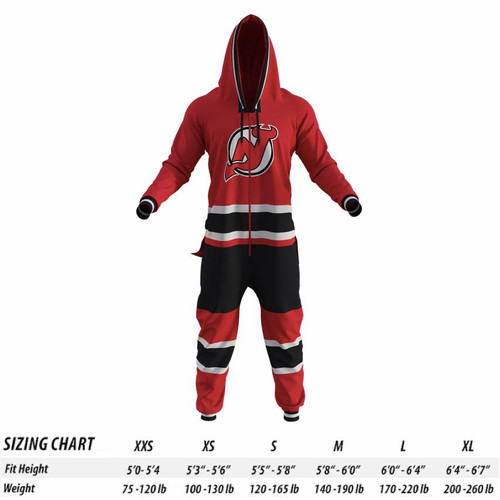 New Jersey Devils NHL Onesie, red, black, and white hockey-themed hooded jumpsuit with team logo and stripes.