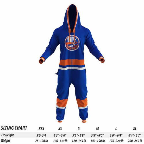 New York Islanders NHL Onesie, blue and orange sports team hoodie and pants with team logo and stripes.