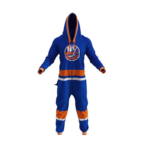 New York Islanders NHL Onesie, blue and orange sports onesie with team logo on chest, hoodie with drawstrings, and striped design on legs and arms.