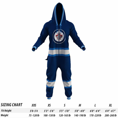 Winnipeg Jets NHL Onesie, blue and white zip-up hoodie and pants with team logo and stripes.