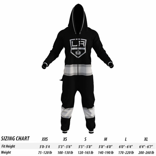 Los Angeles Kings NHL Onesie, black and gray sports onesie with team logo and hood. Los Angeles Kings NHL Onesie, black and gray sports onesie with team logo and hood.