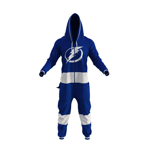 Tampa Bay Lightning NHL Onesie, blue and white hockey onesie with Lightning logo, hooded, full-body sports apparel for fans or players.