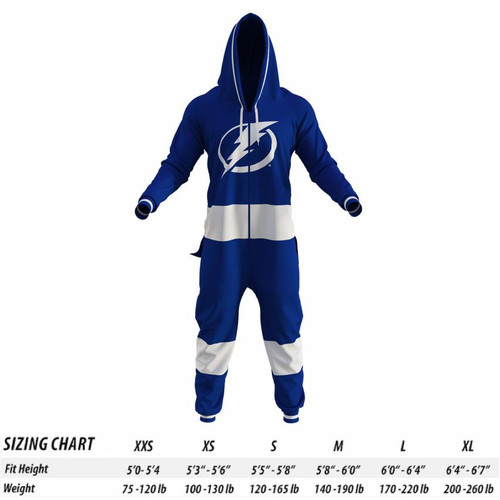 Tampa Bay Lightning NHL Onesie, blue and white hooded sports jumpsuit with team logo, full zip front, and striped cuffs and ankles.
