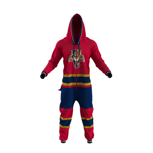 Florida Panthers 2015 Logo NHL Onesie, red and blue baby onesie featuring the Florida Panthers mascot logo with colorful stripes on the sleeves and legs.