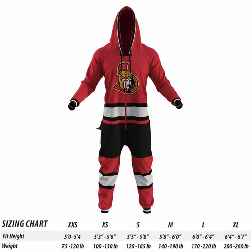 Ottawa Senators NHL Onesie, red and black hockey-themed adult onesie with team logo, hood, and striped design.