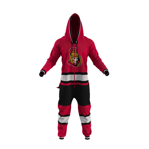 Ottawa Senators NHL Onesie, red and black hoodie and pants with team logo and stripes for fans and kids. Ottawa Senators NHL Onesie, red and black hoodie and pants with team logo and stripes for fans and kids.