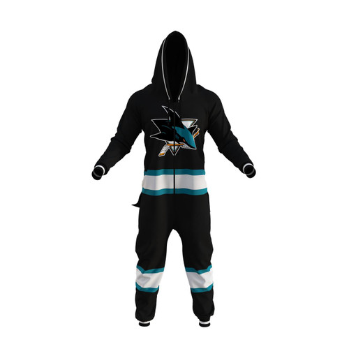 San Jose Sharks NHL Onesie, black and teal hockey-themed jumpsuit with Sharks logo, hoodie, and striped accents.