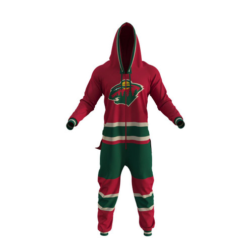 Minnesota Wild NHL Onesie, red, green, and white sports-themed onesie with team logo and striped patterns.