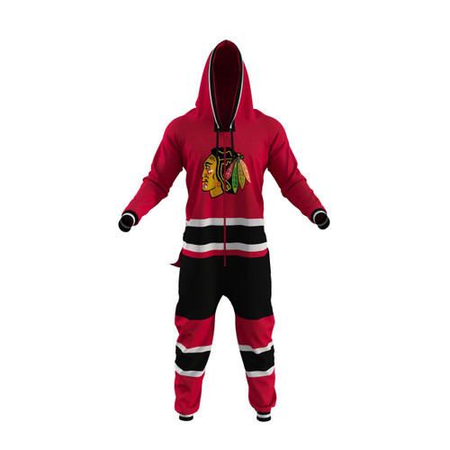 Hockey Sockey Inc Chicago Blackhawks NHL Onesie, red, black, and white sports team apparel with the Blackhawks logo on the chest.