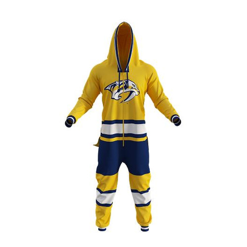 Nashville Predators NHL Onesie, a yellow and navy blue adult sports jumpsuit with team logo and stripes.