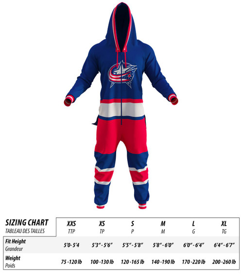 Columbus Blue Jackets NHL Onesie, vibrant blue, red, white, and navy jumpsuit with team logo and stripes, featuring a hood and zipper closure. Columbus Blue Jackets NHL Onesie, vibrant blue, red, white, and navy jumpsuit with team logo and stripes, featuring a hood and zipper closure.