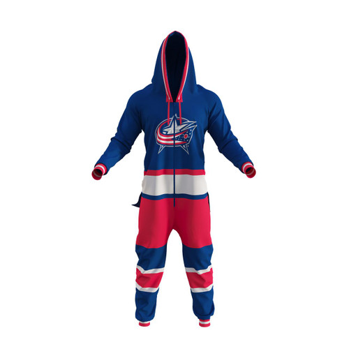 Columbus Blue Jackets NHL Onesie, vibrant blue, red, white, and navy onesie with team logo, hood, full-zip front, and matching pants.