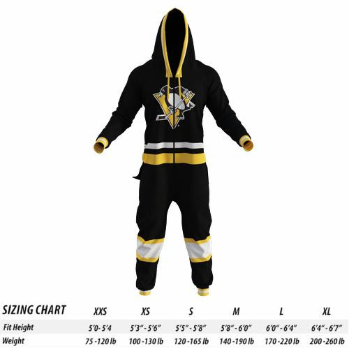 Hockey Sockey Inc Pittsburgh Penguins NHL Onesie, black and yellow hoodie and jumpsuit with team logo and stripe details. Hockey Sockey Inc Pittsburgh Penguins NHL Onesie, black and yellow hoodie and jumpsuit with team logo and stripe details.