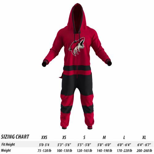 Arizona Coyotes NHL Onesie, red and black hockey-themed adult jumpsuit with team logo and zip-up front.