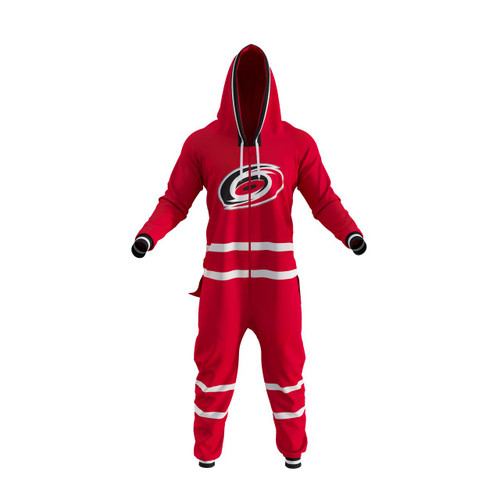 Carolina Hurricanes NHL Onesie, Red hockey-themed adult onesie with team logo and white stripes.