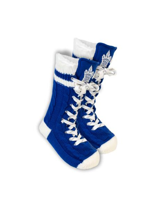 Toronto Maple Leafs NHL Slipper Skates, knitted blue and white slipper boots designed to resemble hockey skates with laces and team logo.
